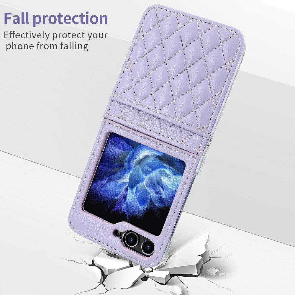 For Samsung Galaxy Z Flip7 FE 5G / Z Flip6 5G Case with Strap Card Slot PU+PC Phone Back Cover - Purple