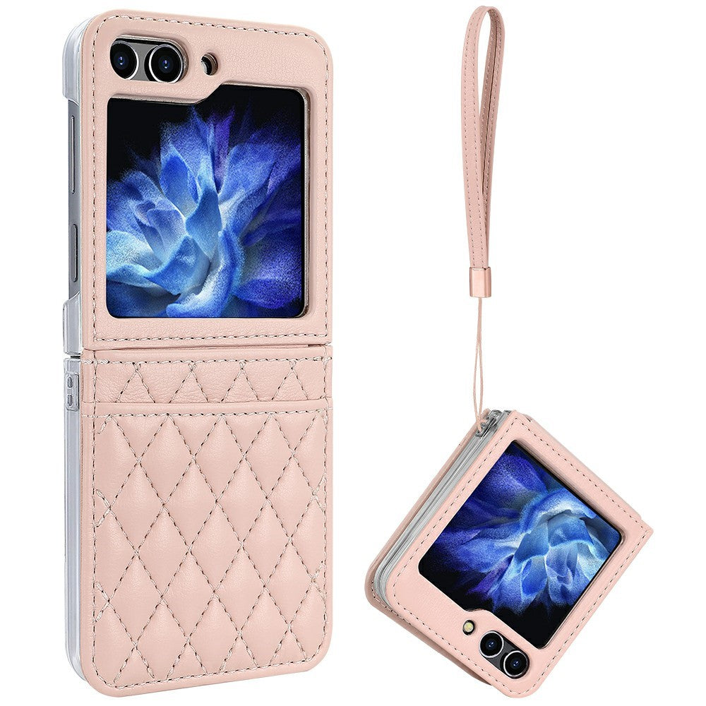 For Samsung Galaxy Z Flip7 FE 5G / Z Flip6 5G Case with Strap Card Slot PU+PC Phone Back Cover - Pink
