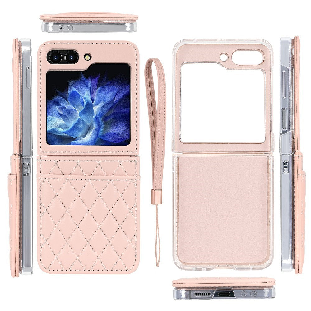 For Samsung Galaxy Z Flip7 FE 5G / Z Flip6 5G Case with Strap Card Slot PU+PC Phone Back Cover - Pink