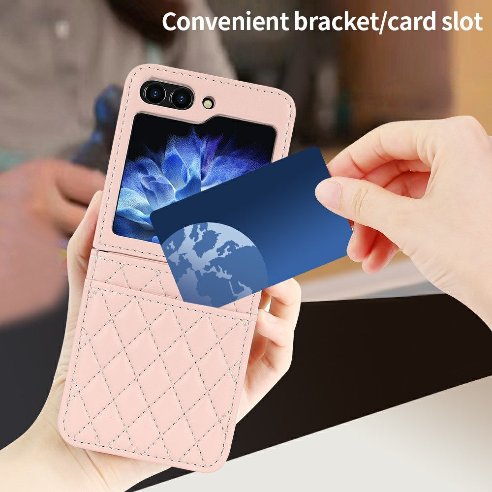 For Samsung Galaxy Z Flip7 FE 5G / Z Flip6 5G Case with Strap Card Slot PU+PC Phone Back Cover - Pink
