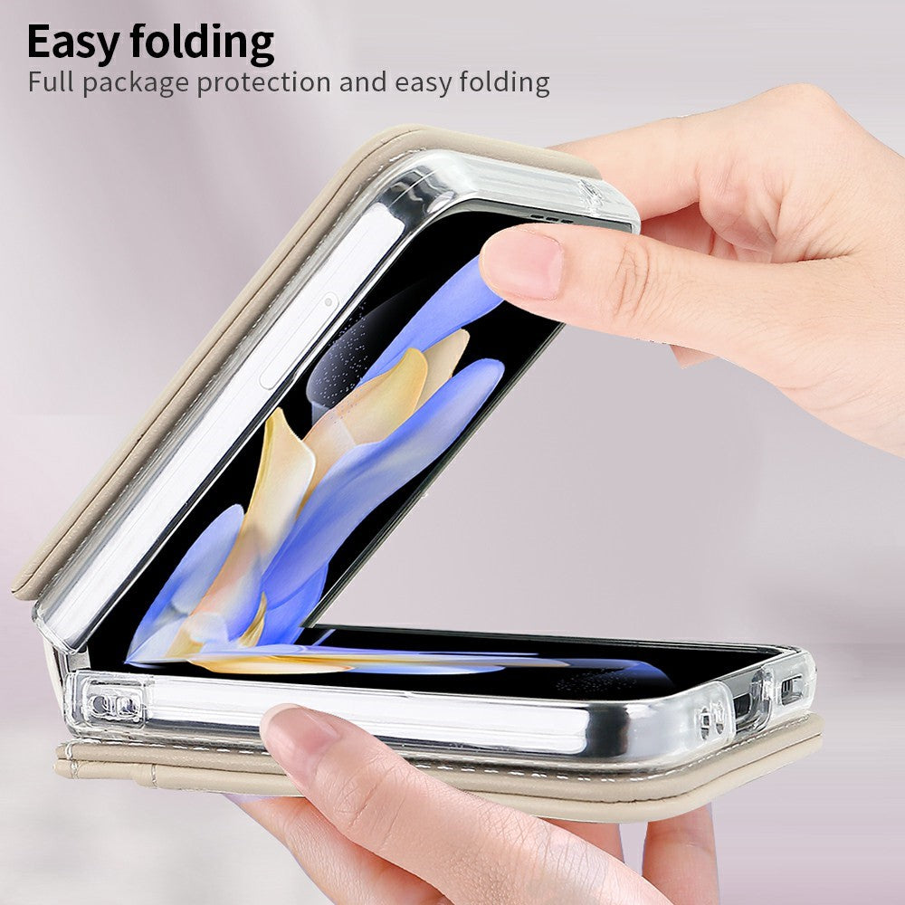 For Samsung Galaxy Z Flip7 FE 5G / Z Flip6 5G Case with Strap Card Slot PU+PC Phone Back Cover - Beige