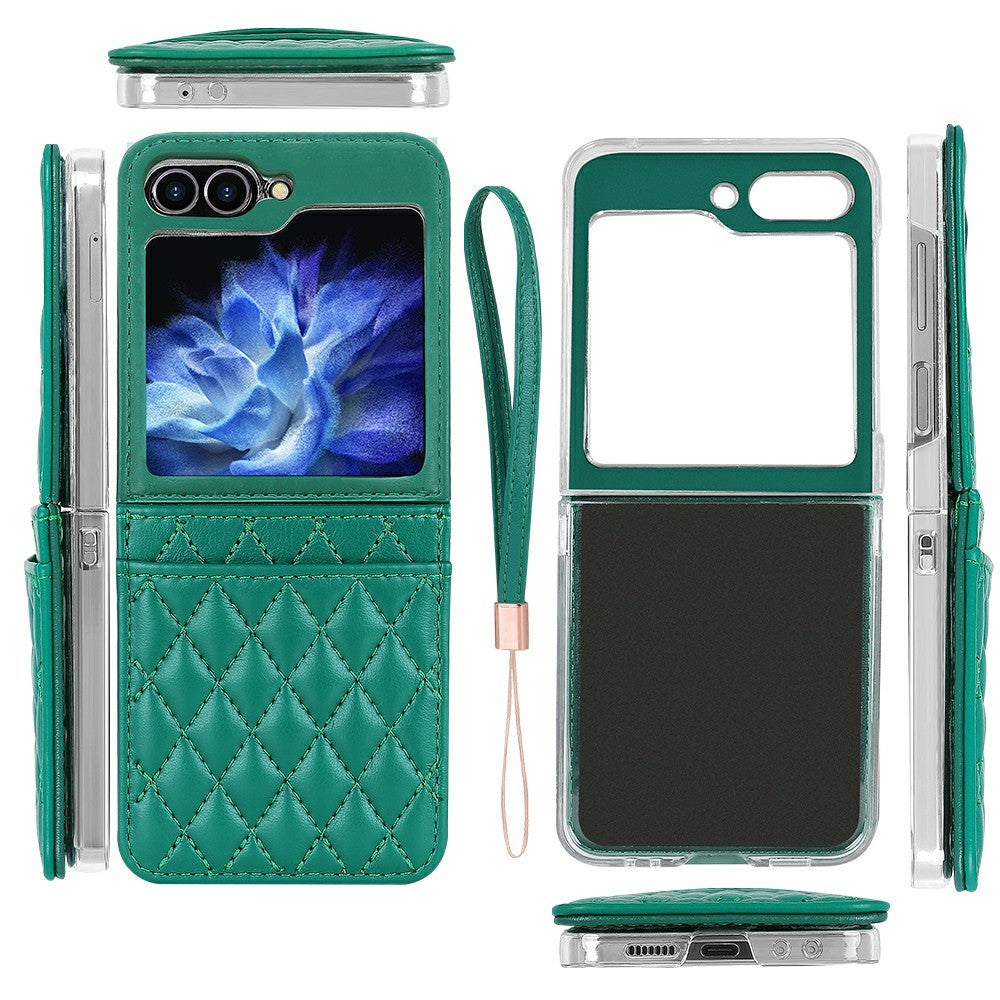 For Samsung Galaxy Z Flip7 FE 5G / Z Flip6 5G Case with Strap Card Slot PU+PC Phone Back Cover - Green