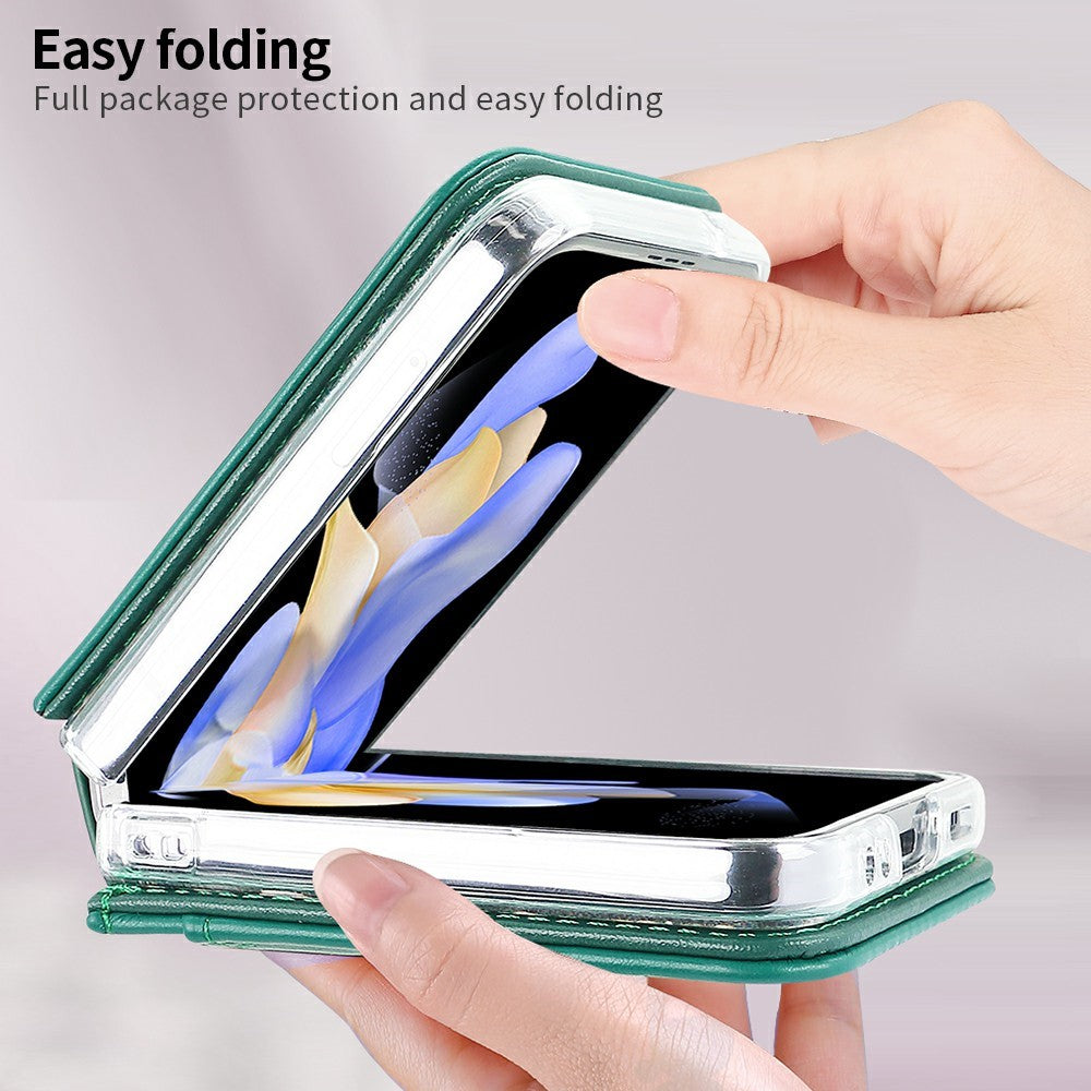 For Samsung Galaxy Z Flip7 FE 5G / Z Flip6 5G Case with Strap Card Slot PU+PC Phone Back Cover - Green