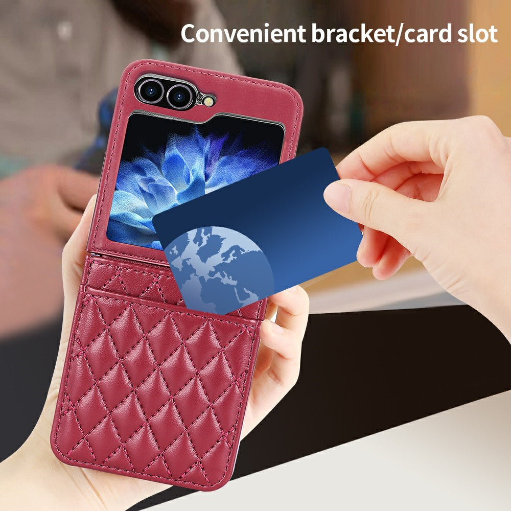 For Samsung Galaxy Z Flip7 FE 5G / Z Flip6 5G Case with Strap Card Slot PU+PC Phone Back Cover - Red