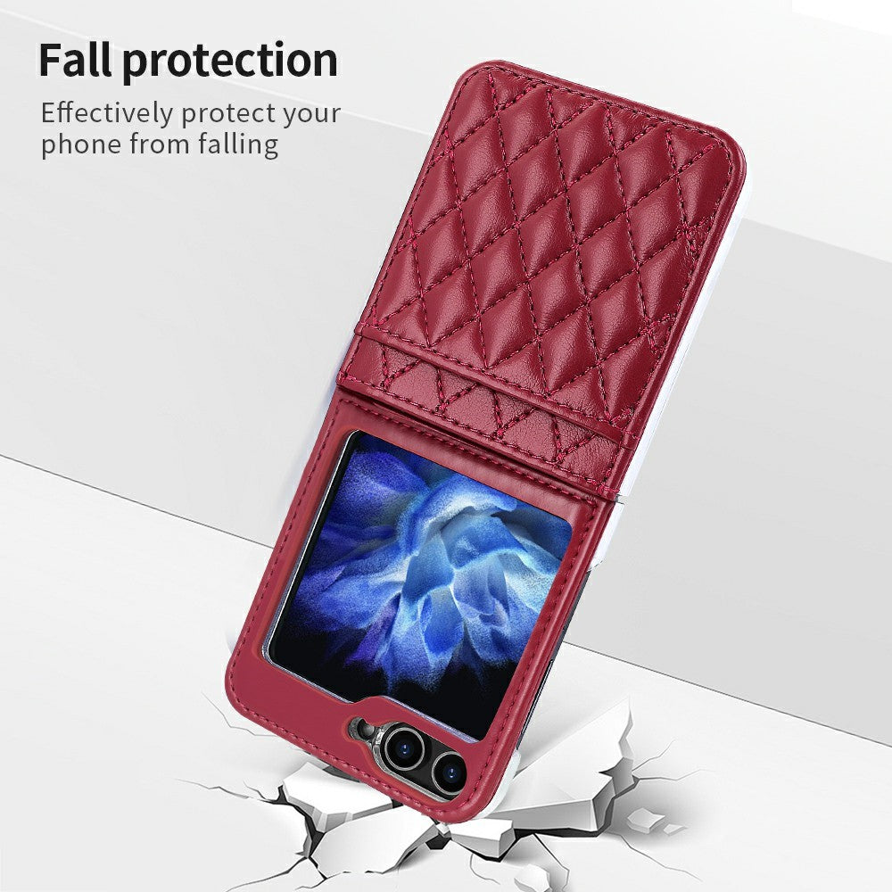 For Samsung Galaxy Z Flip7 FE 5G / Z Flip6 5G Case with Strap Card Slot PU+PC Phone Back Cover - Red