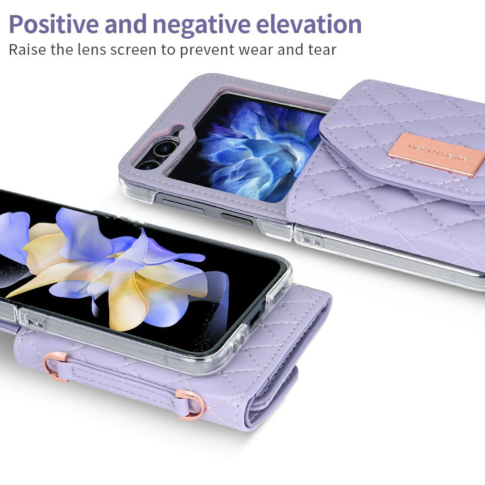 For Samsung Galaxy Z Flip7 FE 5G / Z Flip6 5G Case with Shoulder Strap PU+PC Wallet Phone Cover Built-In Back Screen Film - Purple