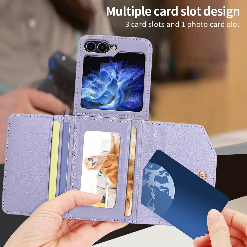 For Samsung Galaxy Z Flip7 FE 5G / Z Flip6 5G Case with Shoulder Strap PU+PC Wallet Phone Cover Built-In Back Screen Film - Purple