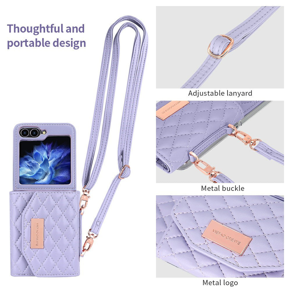 For Samsung Galaxy Z Flip7 FE 5G / Z Flip6 5G Case with Shoulder Strap PU+PC Wallet Phone Cover Built-In Back Screen Film - Purple