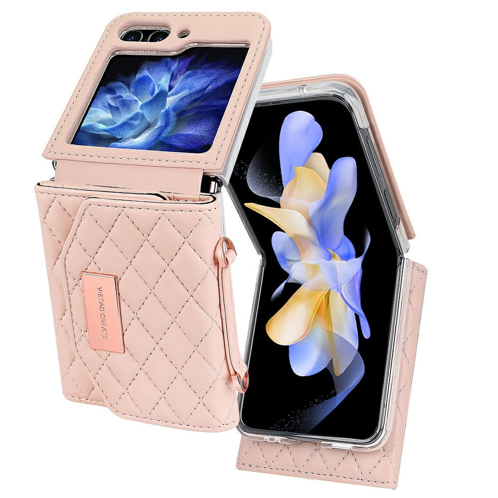 For Samsung Galaxy Z Flip7 FE 5G / Z Flip6 5G Case with Shoulder Strap PU+PC Wallet Phone Cover Built-In Back Screen Film - Pink