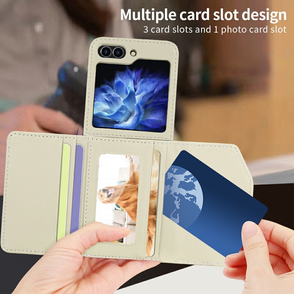 For Samsung Galaxy Z Flip7 FE 5G / Z Flip6 5G Case with Shoulder Strap PU+PC Wallet Phone Cover Built-In Back Screen Film - Beige