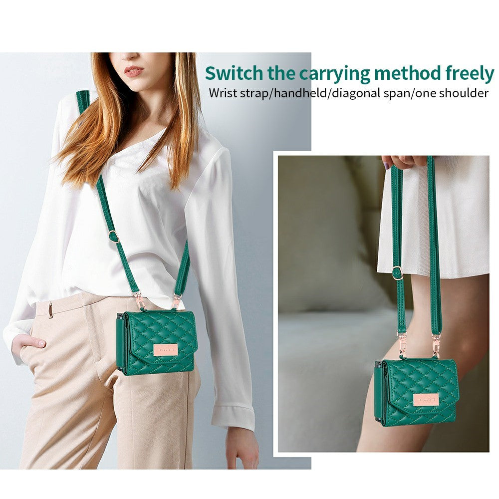 For Samsung Galaxy Z Flip7 FE 5G / Z Flip6 5G Case with Shoulder Strap PU+PC Wallet Phone Cover Built-In Back Screen Film - Green