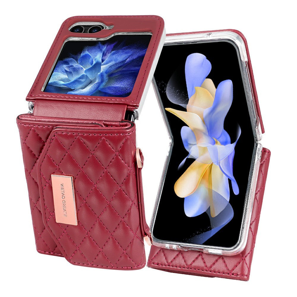 For Samsung Galaxy Z Flip7 FE 5G / Z Flip6 5G Case with Shoulder Strap PU+PC Wallet Phone Cover Built-In Back Screen Film - Red
