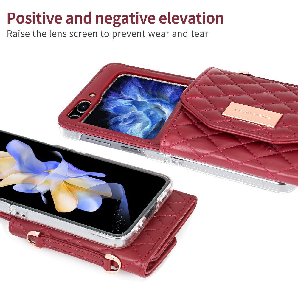 For Samsung Galaxy Z Flip7 FE 5G / Z Flip6 5G Case with Shoulder Strap PU+PC Wallet Phone Cover Built-In Back Screen Film - Red
