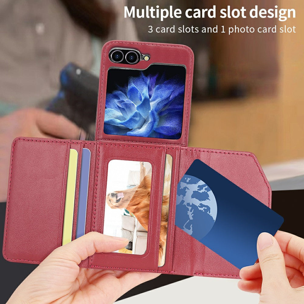 For Samsung Galaxy Z Flip7 FE 5G / Z Flip6 5G Case with Shoulder Strap PU+PC Wallet Phone Cover Built-In Back Screen Film - Red