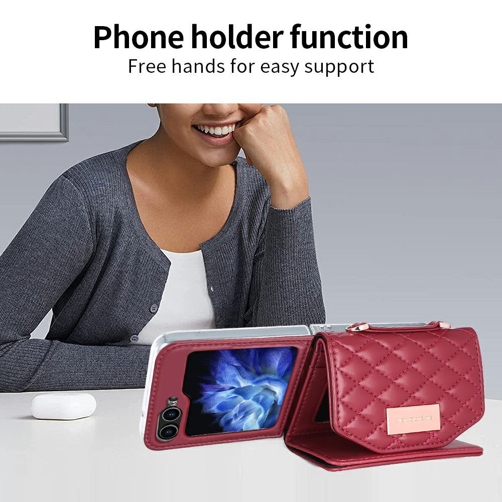 For Samsung Galaxy Z Flip7 FE 5G / Z Flip6 5G Case with Shoulder Strap PU+PC Wallet Phone Cover Built-In Back Screen Film - Red