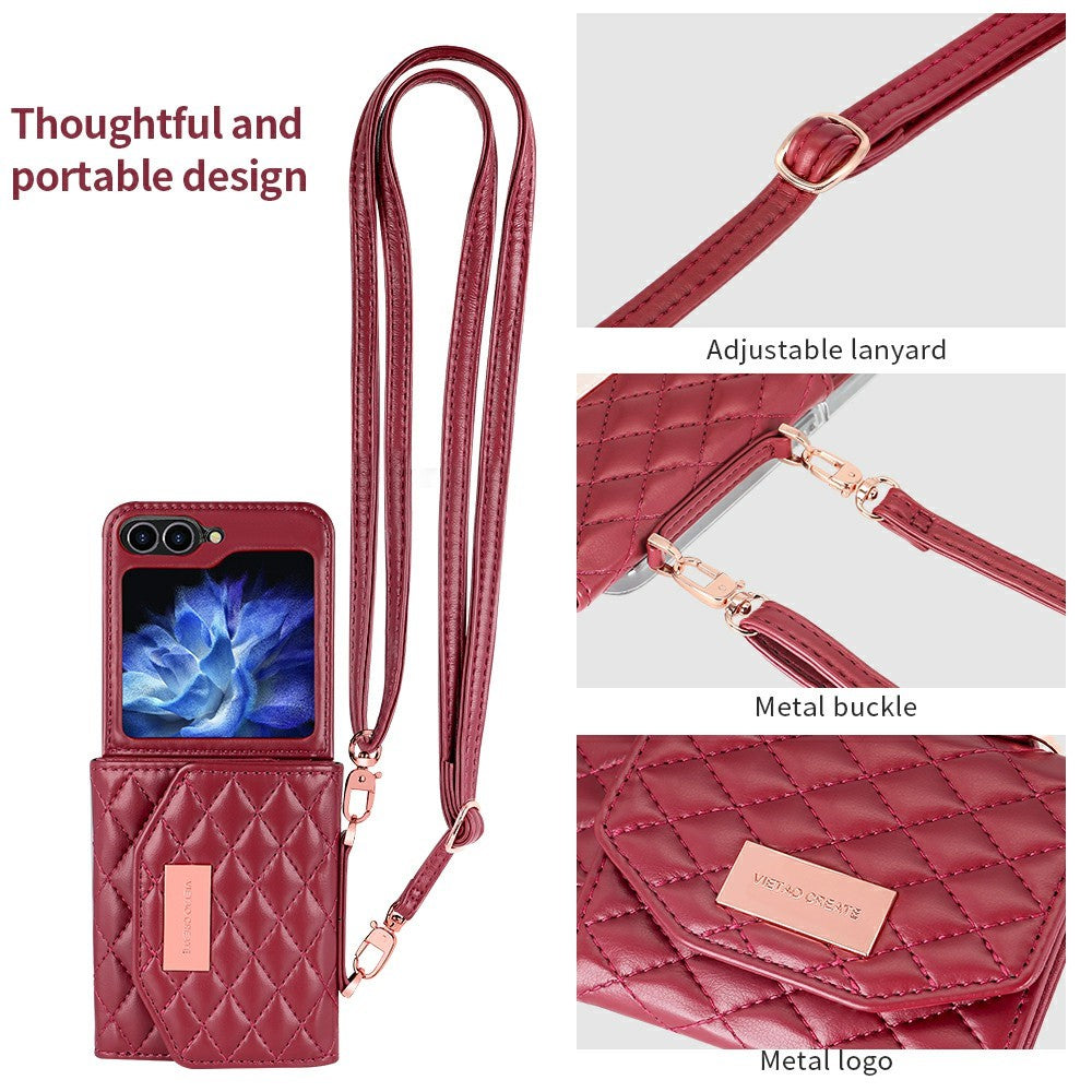 For Samsung Galaxy Z Flip7 FE 5G / Z Flip6 5G Case with Shoulder Strap PU+PC Wallet Phone Cover Built-In Back Screen Film - Red