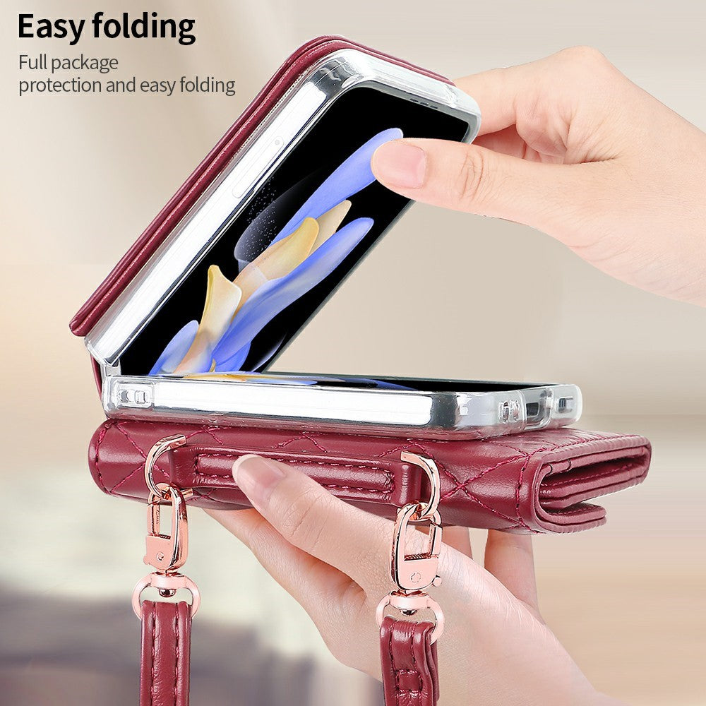 For Samsung Galaxy Z Flip7 FE 5G / Z Flip6 5G Case with Shoulder Strap PU+PC Wallet Phone Cover Built-In Back Screen Film - Red