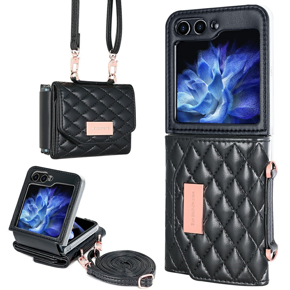 For Samsung Galaxy Z Flip7 FE 5G / Z Flip6 5G Case with Shoulder Strap PU+PC Wallet Phone Cover Built-In Back Screen Film - Black