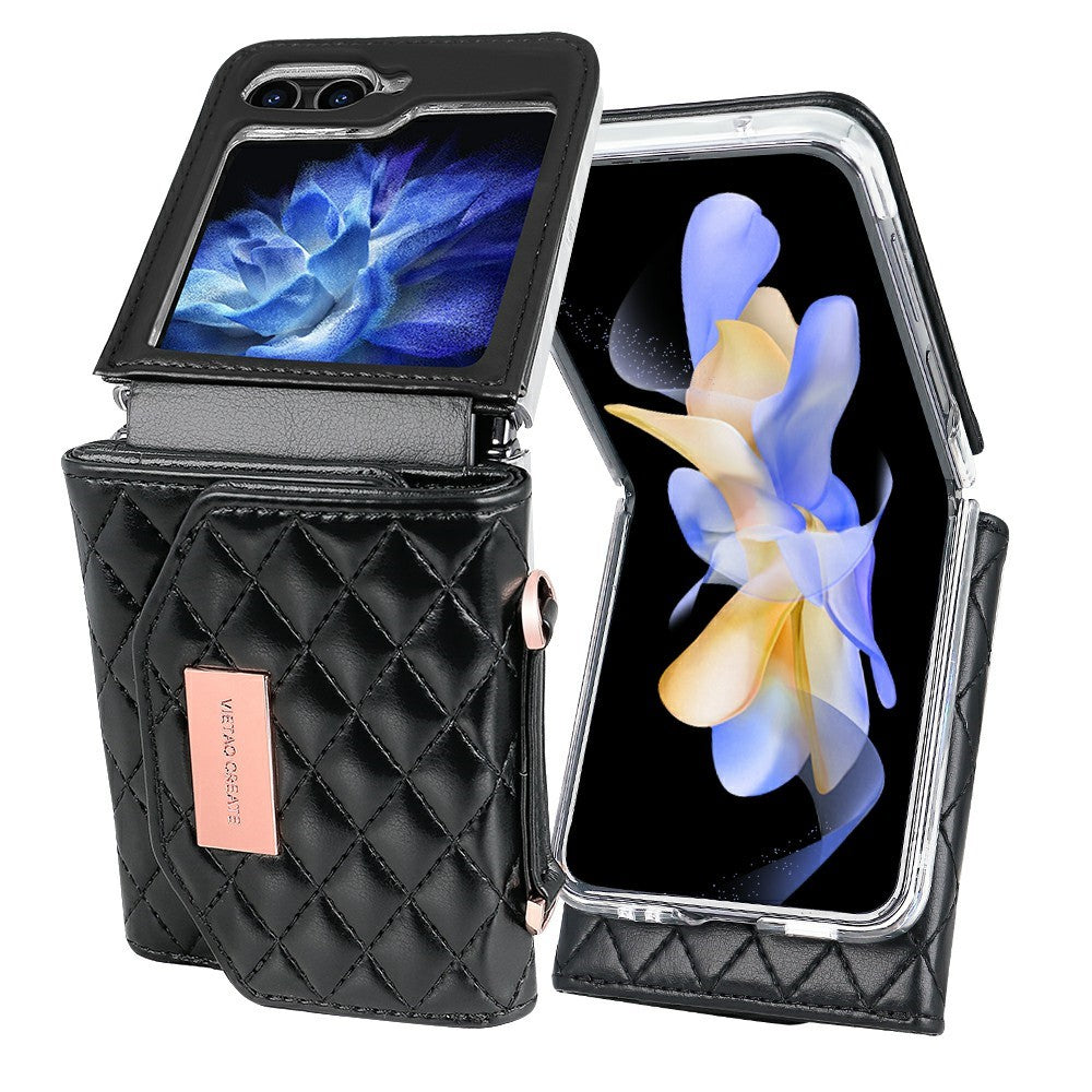 For Samsung Galaxy Z Flip7 FE 5G / Z Flip6 5G Case with Shoulder Strap PU+PC Wallet Phone Cover Built-In Back Screen Film - Black