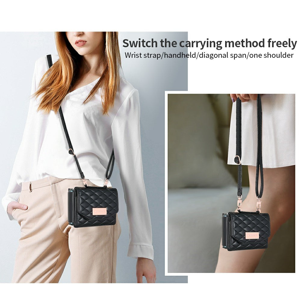 For Samsung Galaxy Z Flip7 FE 5G / Z Flip6 5G Case with Shoulder Strap PU+PC Wallet Phone Cover Built-In Back Screen Film - Black