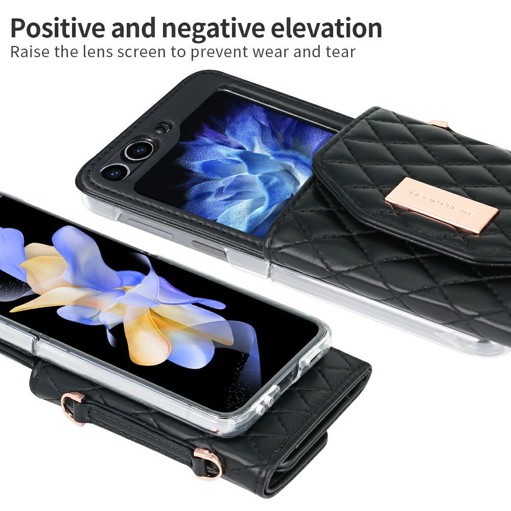 For Samsung Galaxy Z Flip7 FE 5G / Z Flip6 5G Case with Shoulder Strap PU+PC Wallet Phone Cover Built-In Back Screen Film - Black