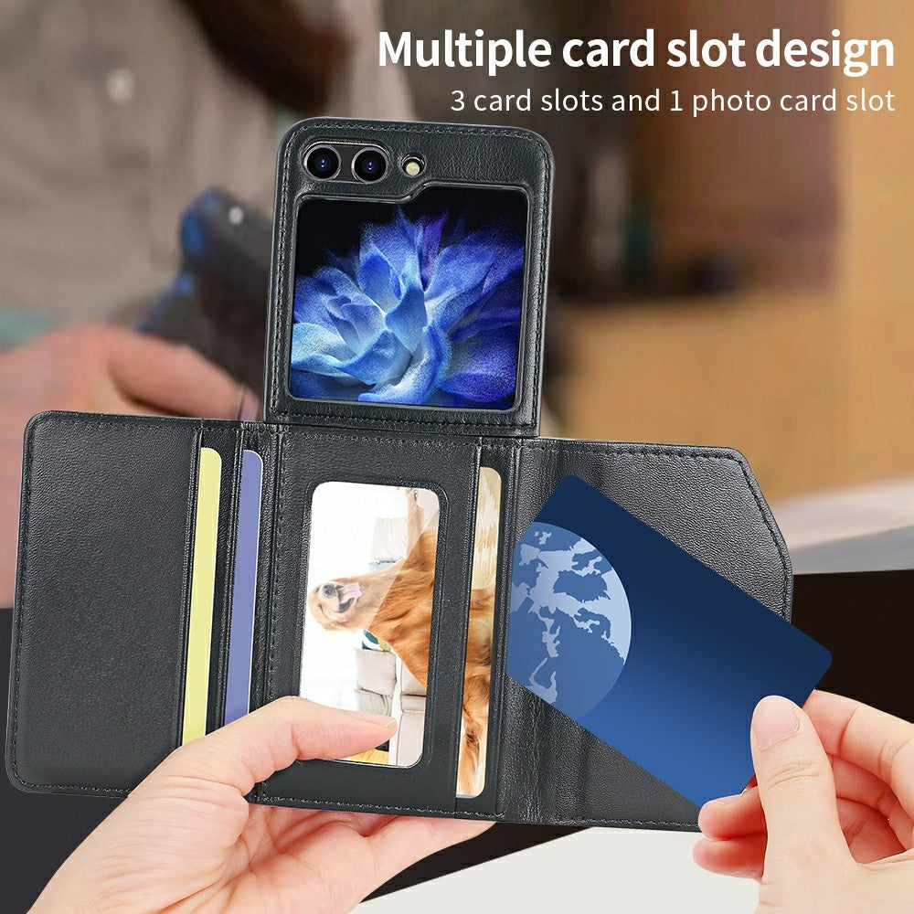 For Samsung Galaxy Z Flip7 FE 5G / Z Flip6 5G Case with Shoulder Strap PU+PC Wallet Phone Cover Built-In Back Screen Film - Black