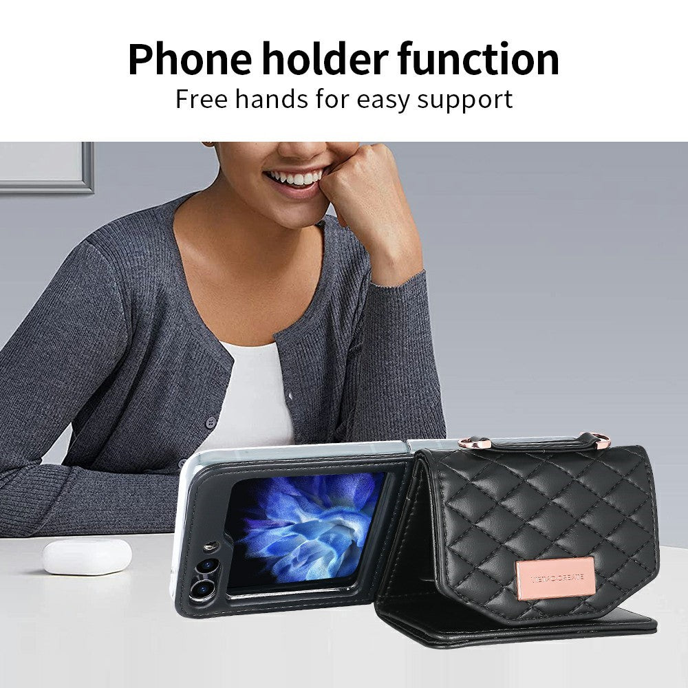 For Samsung Galaxy Z Flip7 FE 5G / Z Flip6 5G Case with Shoulder Strap PU+PC Wallet Phone Cover Built-In Back Screen Film - Black