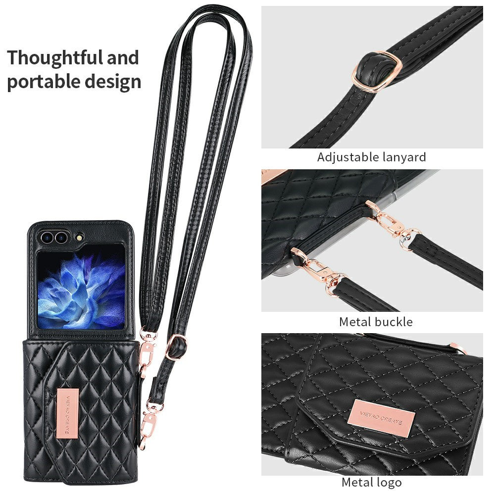 For Samsung Galaxy Z Flip7 FE 5G / Z Flip6 5G Case with Shoulder Strap PU+PC Wallet Phone Cover Built-In Back Screen Film - Black