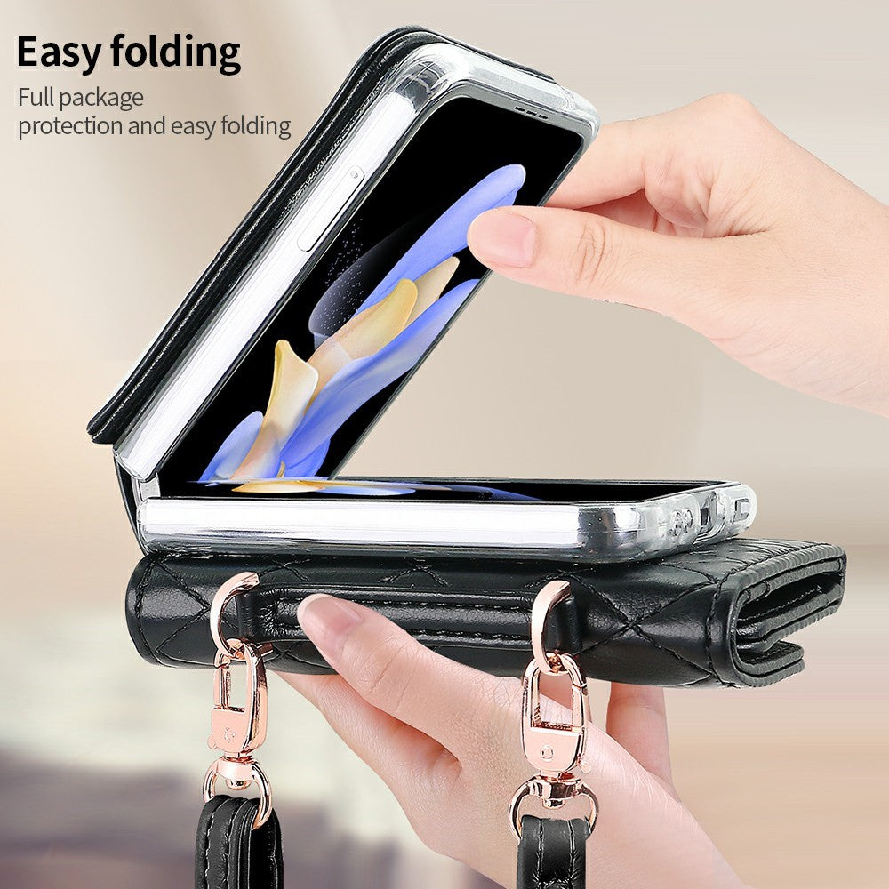 For Samsung Galaxy Z Flip7 FE 5G / Z Flip6 5G Case with Shoulder Strap PU+PC Wallet Phone Cover Built-In Back Screen Film - Black