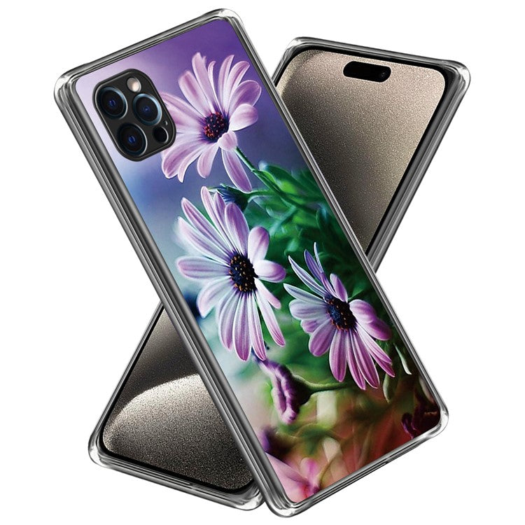 For iPhone 16 Pro Case Pattern Printed Shockproof TPU Phone Cover - Purple Chrysanthemum