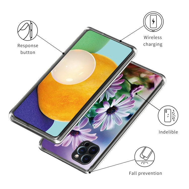 For iPhone 16 Pro Case Pattern Printed Shockproof TPU Phone Cover - Purple Chrysanthemum