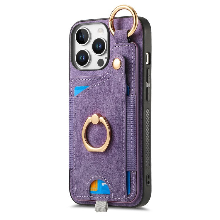For iPhone 16 Pro Case Card Slots Leather+TPU Phone Cover with Ring Buckle - Purple