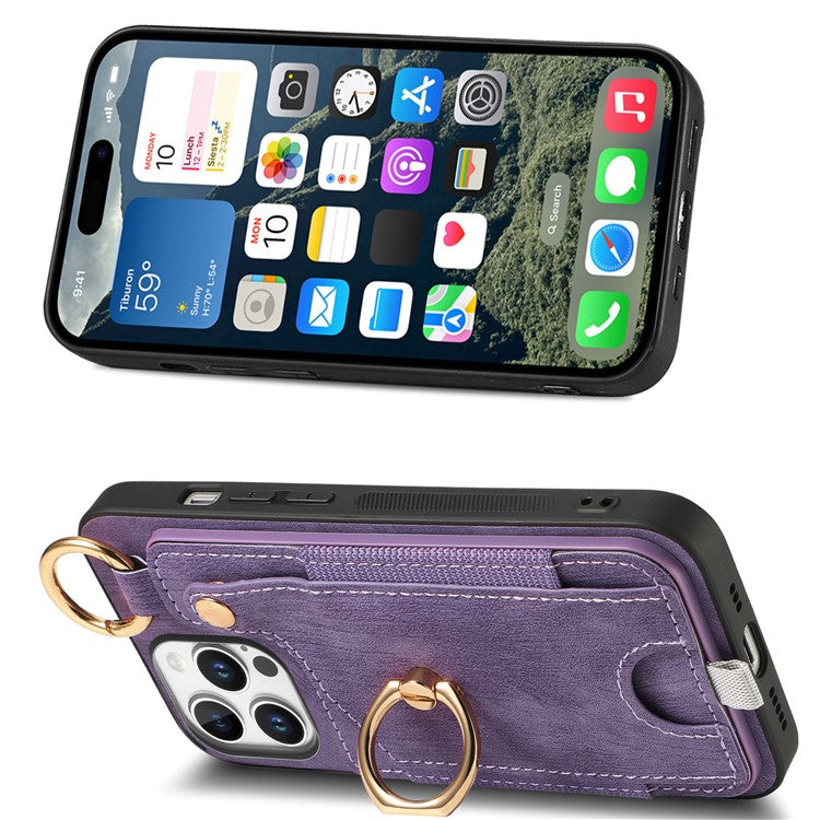 For iPhone 16 Pro Case Card Slots Leather+TPU Phone Cover with Ring Buckle - Purple