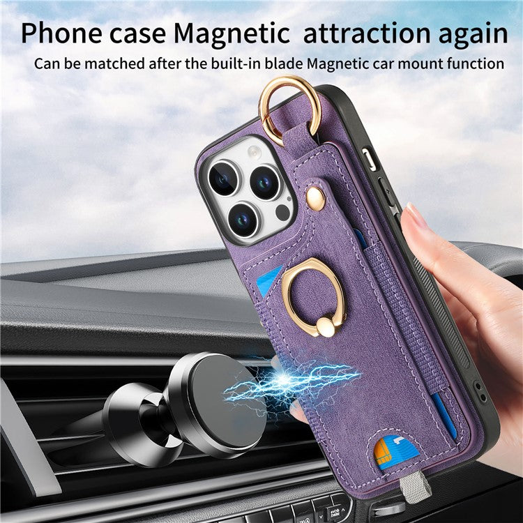For iPhone 16 Pro Case Card Slots Leather+TPU Phone Cover with Ring Buckle - Purple