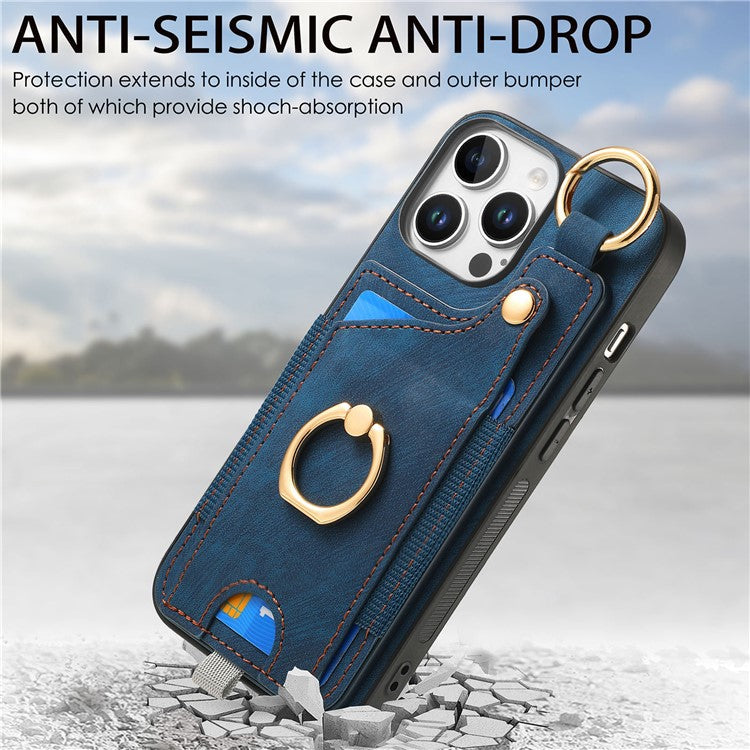 For iPhone 16 Pro Case Card Slots Leather+TPU Phone Cover with Ring Buckle - Purple