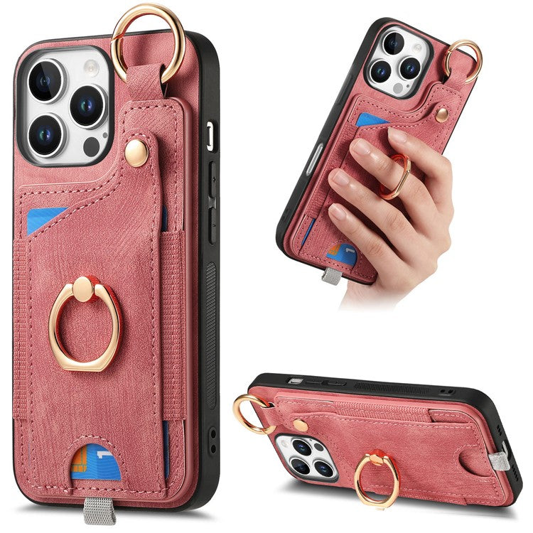 For iPhone 16 Pro Case Card Slots Leather+TPU Phone Cover with Ring Buckle - Pink