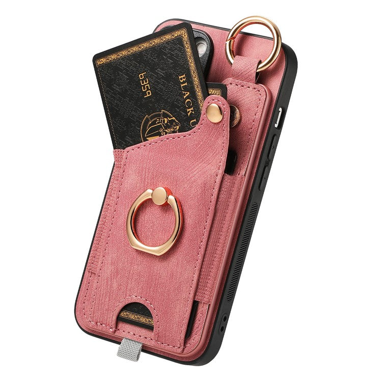 For iPhone 16 Pro Case Card Slots Leather+TPU Phone Cover with Ring Buckle - Pink