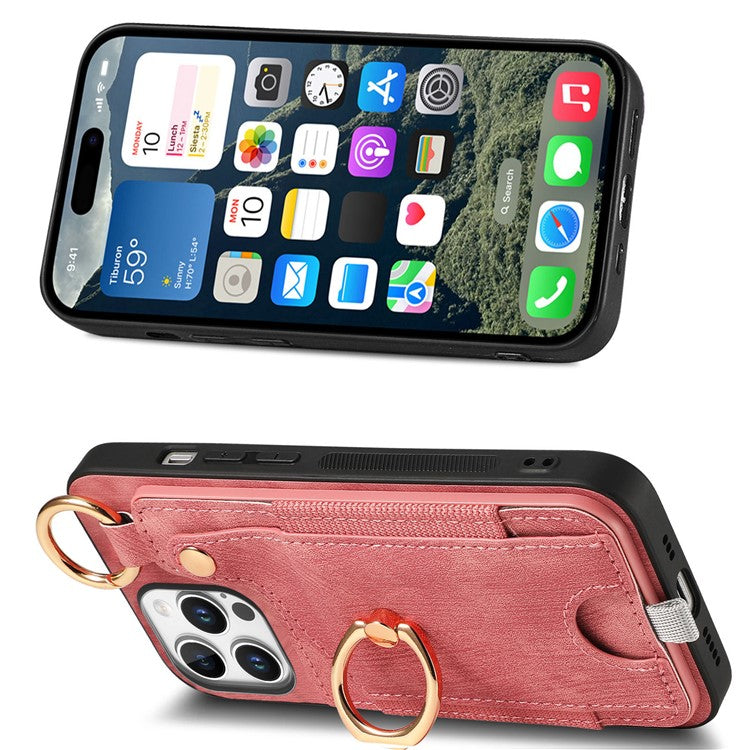 For iPhone 16 Pro Case Card Slots Leather+TPU Phone Cover with Ring Buckle - Pink