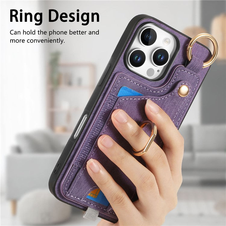 For iPhone 16 Pro Case Card Slots Leather+TPU Phone Cover with Ring Buckle - Pink