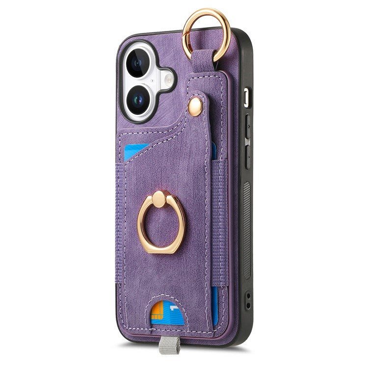 For iPhone 16 Case Card Slots Leather+TPU Phone Cover with Ring Buckle - Purple