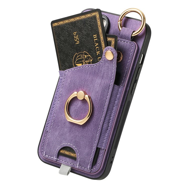 For iPhone 16 Case Card Slots Leather+TPU Phone Cover with Ring Buckle - Purple