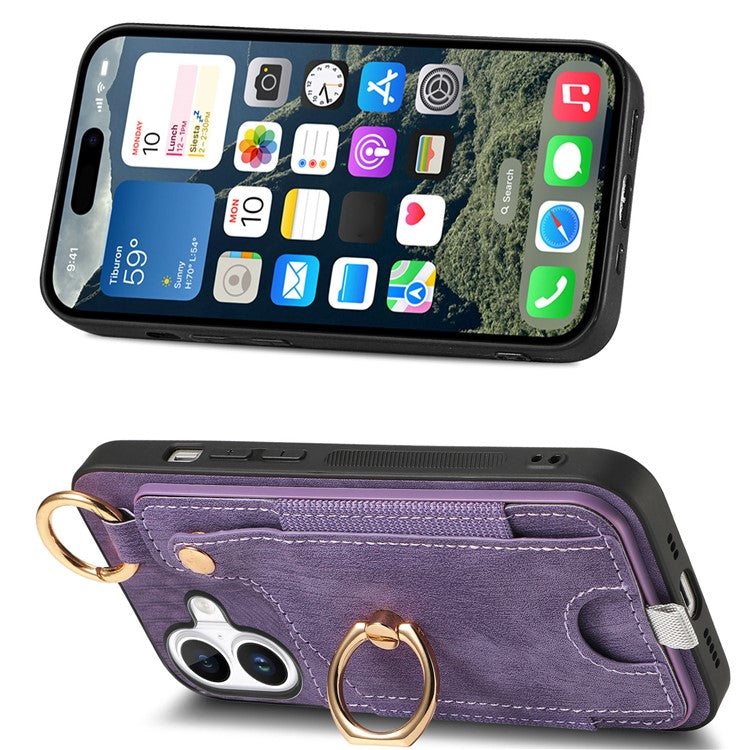 For iPhone 16 Case Card Slots Leather+TPU Phone Cover with Ring Buckle - Purple