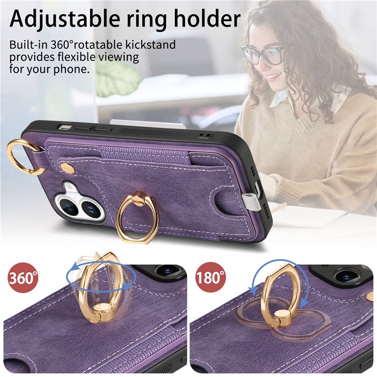 For iPhone 16 Case Card Slots Leather+TPU Phone Cover with Ring Buckle - Purple