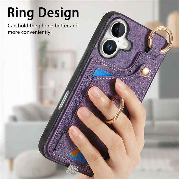 For iPhone 16 Case Card Slots Leather+TPU Phone Cover with Ring Buckle - Purple