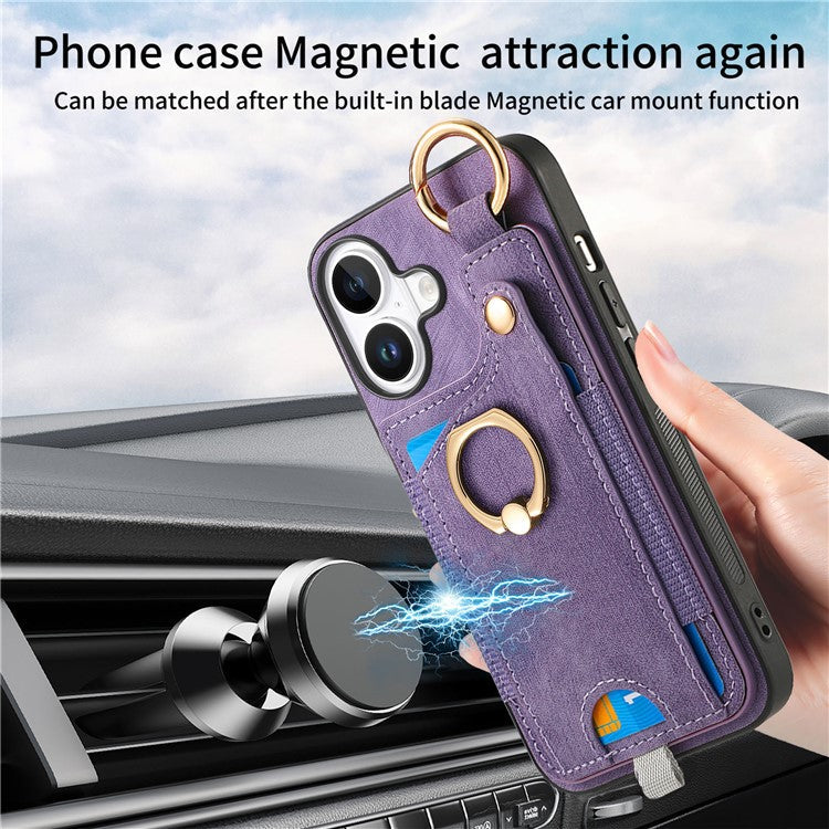 For iPhone 16 Case Card Slots Leather+TPU Phone Cover with Ring Buckle - Purple