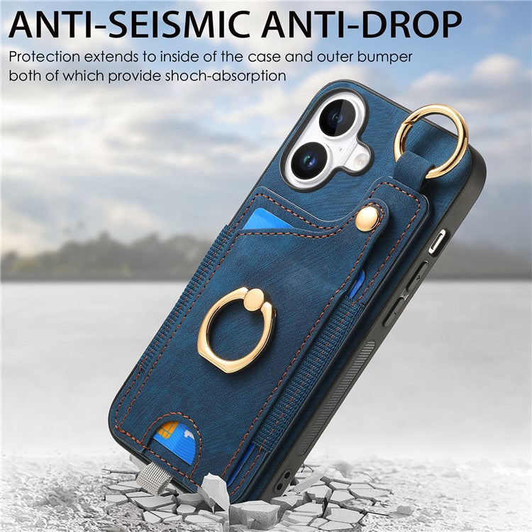 For iPhone 16 Case Card Slots Leather+TPU Phone Cover with Ring Buckle - Purple