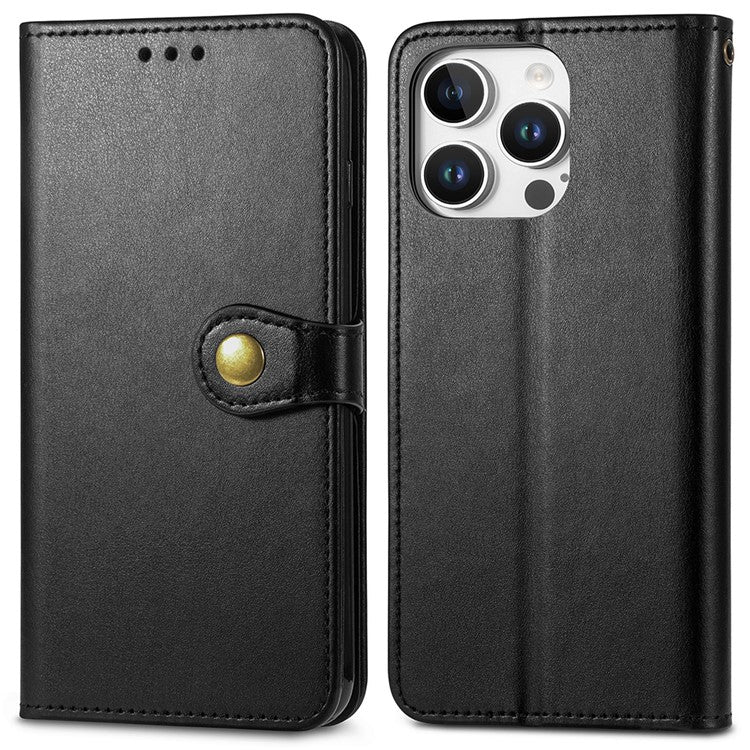 For iPhone 16 Pro Case Leather Phone Case Wallet Stand Cover with Wrist Strap - Black