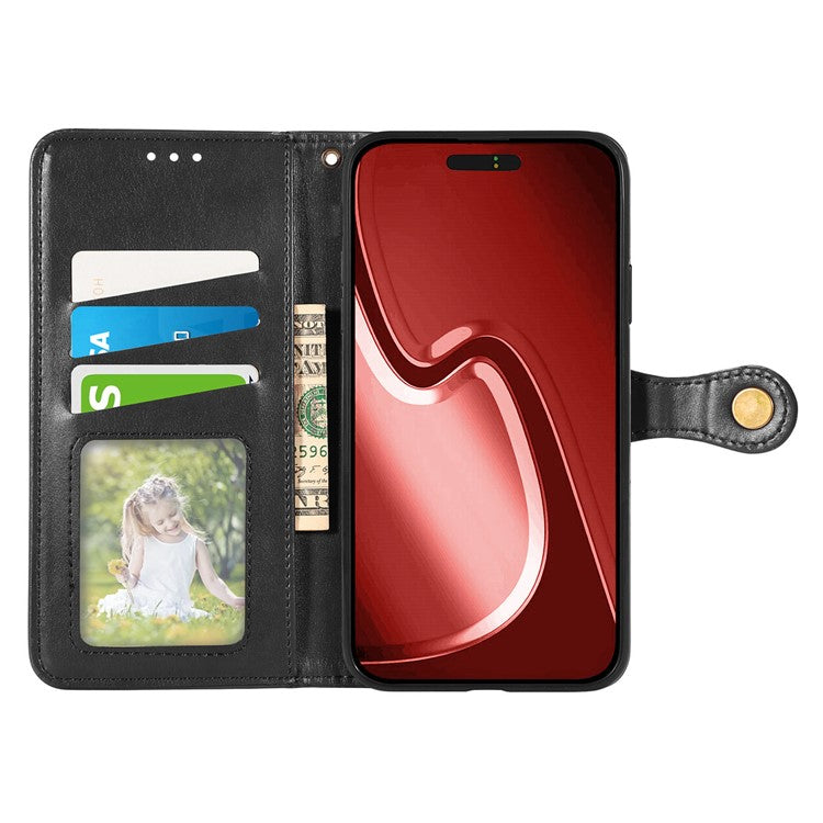 For iPhone 16 Pro Case Leather Phone Case Wallet Stand Cover with Wrist Strap - Black