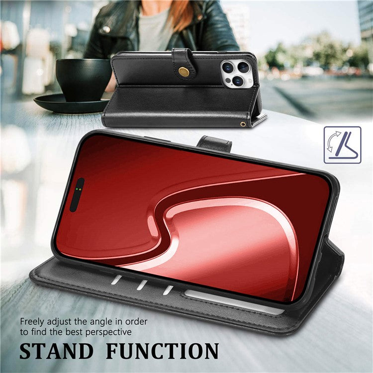 For iPhone 16 Pro Case Leather Phone Case Wallet Stand Cover with Wrist Strap - Black