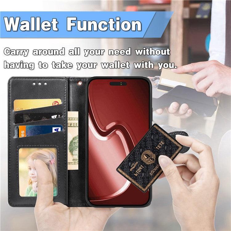 For iPhone 16 Pro Case Leather Phone Case Wallet Stand Cover with Wrist Strap - Black